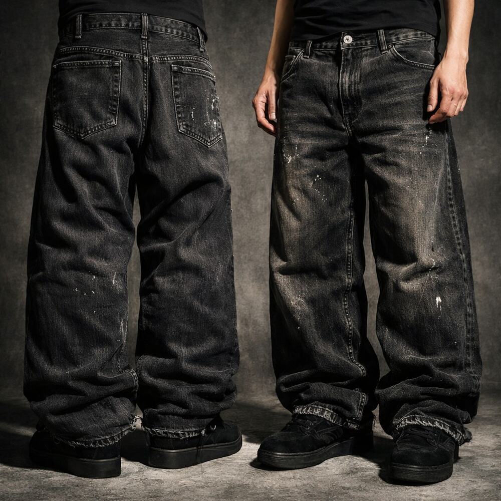 Vintage Faded Whiskered Japanese Baggy Wide-Leg Denim Black Jeans size 34